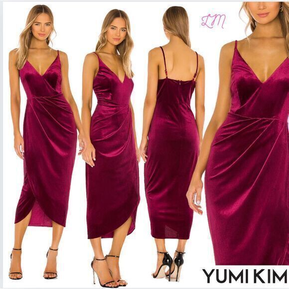 Yumi Kim Dresses & Skirts - Yumi Kim Revolve Felicity Dress v-neck with a tulip skirt Red Wine Velvet Medium